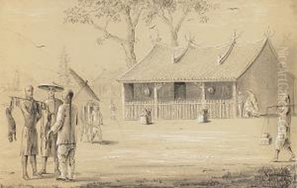 Oriental Figures In A Street, Possiblysingapore Oil Painting by Johan Christian Thornam