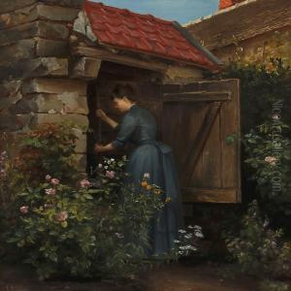 A Girl At A Well In A Garden Oil Painting by Ludovica Thornam