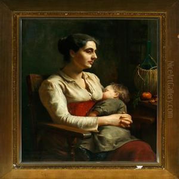 Italian Interior With A Mother And Her Sleeping Child. Signed And Dated L. Thornam Roma 1844 Oil Painting by Ludovica Thornam