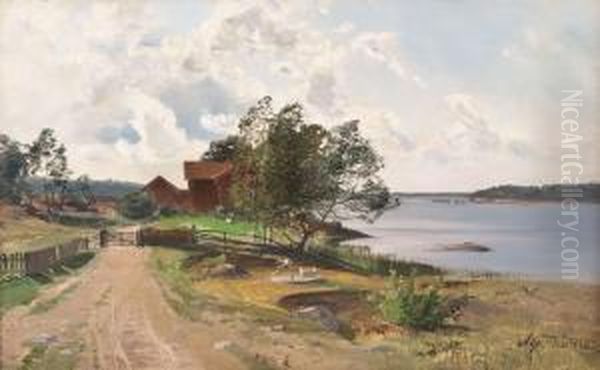 Schwedischer Bauernhof In Sommerlicher Fluslandschaft Oil Painting by Alfred Thorne