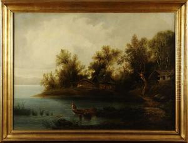 Insjolandskapmed Stuga Och Fiskare Oil Painting by Alfred Thorne