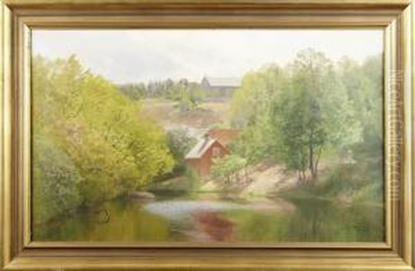 Insjolandskap Med Stuga Oil Painting by Alfred Thorne