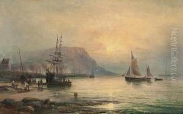 A Fishing Harbour At Sunset Oil Painting by Charles Thornley