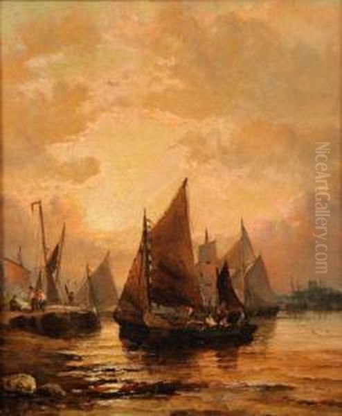 River Estuary Scene With Shipping Becalmed At Sunset Oil Painting by Hubert Thornley