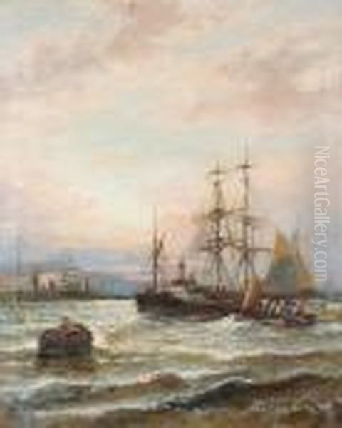 Shipping Off A Harbour Oil Painting by Hubert Thornley