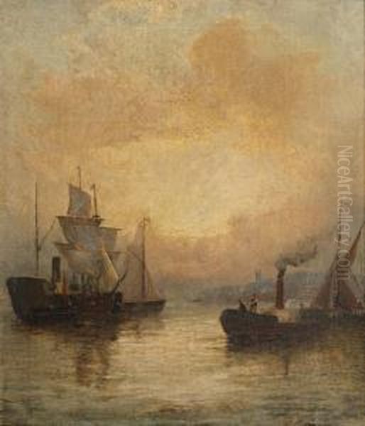 Shipping At Sunset, And Another Oil Painting by William A. Thornley Or Thornber