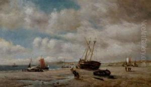 Beached Fishing Boats And Fisherfolk In A Coastal Landscape Oil Painting by William A. Thornley Or Thornber