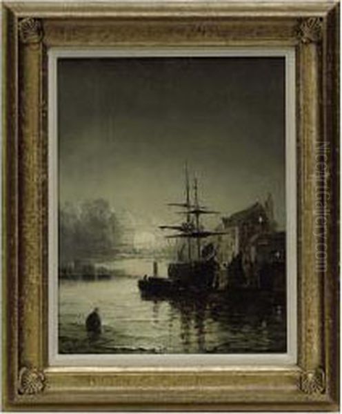 Moonlight On The Thames Oil Painting by William A. Thornley Or Thornber