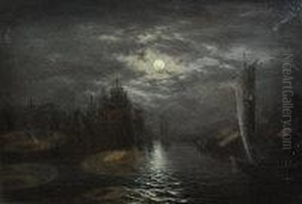 Moonlight Harbour Scene Oil Painting by William A. Thornley Or Thornber