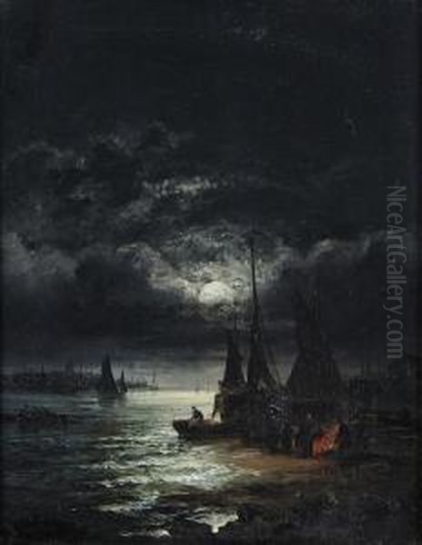 Moonlit Harbour Scene Oil Painting by William A. Thornley Or Thornber