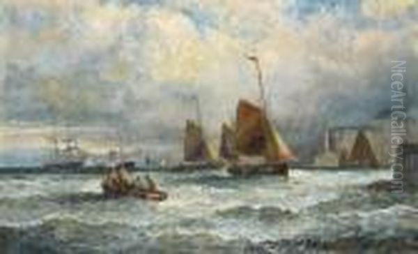 Fishing Smacks Off The Entrance To Margate Harbour Oil Painting by William A. Thornley Or Thornber