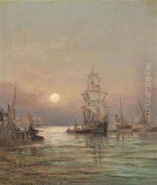 Ships In A Harbour While The Sunsets Oil Painting by William Georges Thornley