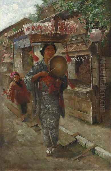 Japanese Street Vendor Oil Painting by John (Charles) Arter