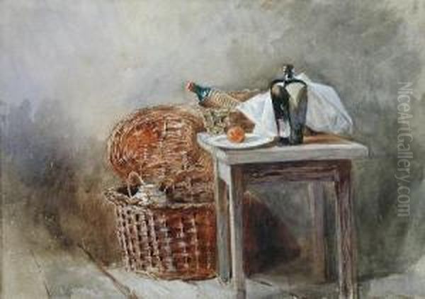 Still Life With Baskets And Bottles Oil Painting by Thomas Thornycroft