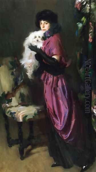 Elegant Woman with Her Dog Oil Painting by Albrogio Alciati