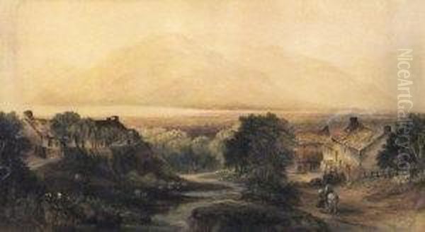 View Of A Village With Mountains In The Distance; 
Watercolour Oil Painting by Thomas Thorpe