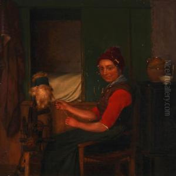 Interior With A Woman At A Spinning Wheel Oil Painting by Christian Thorrestrup