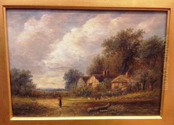 Woman On A Country Lane By Cottages Oil Painting by Joseph Thors