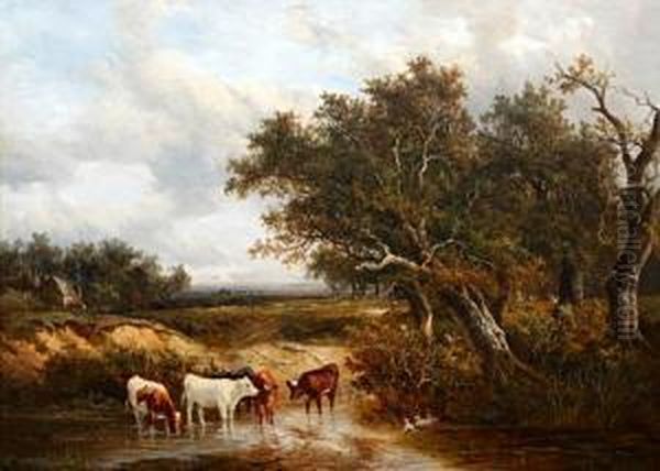 Cattle Watering In An Extensive Wooded Landscape Oil Painting by Joseph Thors