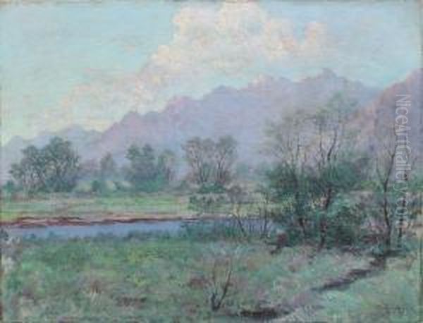 Utah River Landscape With Distant Mountains Oil Painting by Paul Thorsten Jansen Fjellboe