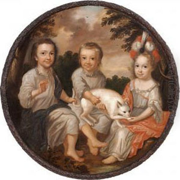 Three Siblings Of The Gyldenkrone Family Playing With A Cat Oil Painting by Jens Thrane