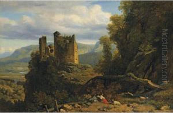 Paysage Au Chateau En Ruine [ ; Landscape With A Castle In Ruins ; Oil On Canvas Signed Lower Right P. Thuillier] Oil Painting by Pierre Thuillier