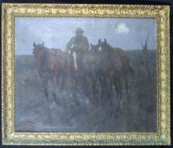 A Man With Horses In An Open Field Oil Painting by Thure Thulstrup