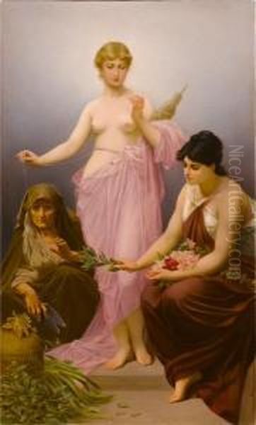 Three Fates, With Clotho In The Centre Holding The Thread Of Life, Atropos To Theleft And Lachesis With Flowers Gathered On Her Lap Oil Painting by Friedrich Paul Thumann