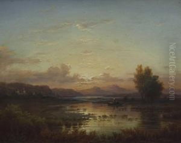 Seelandschaft Mit Kahn, Architektur Und Alpen Im Dunst Oil Painting by Friedrich Thurau