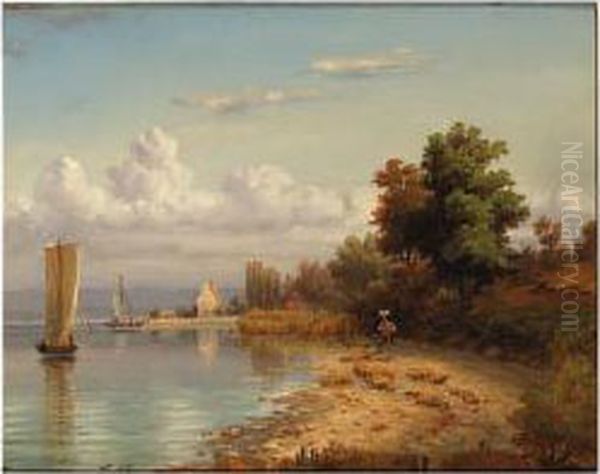 A Summer River Landscape; The Arrival Of The Fleet At Dusk Oil Painting by Friedrich Thurau