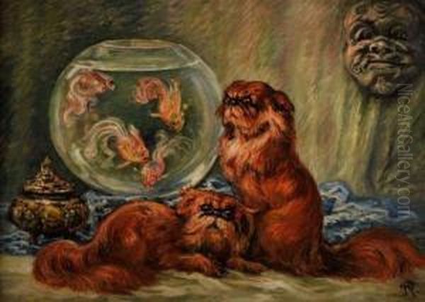 Chiens Pekinois Et Poissons Japonais Oil Painting by Rene Thurin