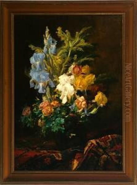 A Flower Still Life On An Oriental Rug. Signed Oil Painting by Gabriel Edouard Thurner