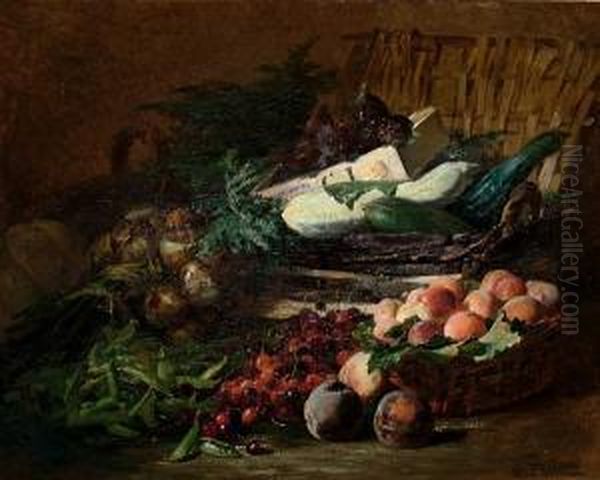 The Abundance Of The Fruit And Vegetable Market - A Still Life With Cheries, Peaches And Marrows. Oil Painting by Gabriel Edouard Thurner