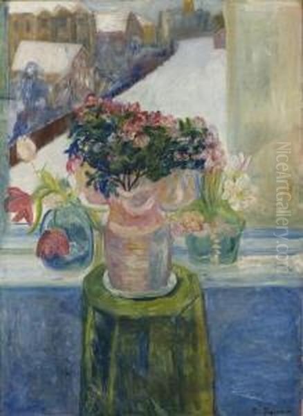 Still Life With Flowers By A Window Oil Painting by Rudolph Thygesen