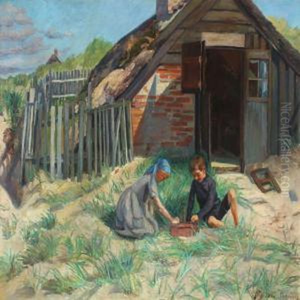 Dunes With Children Playing In Front Of A Cottage Oil Painting by Maria Christine Thymann