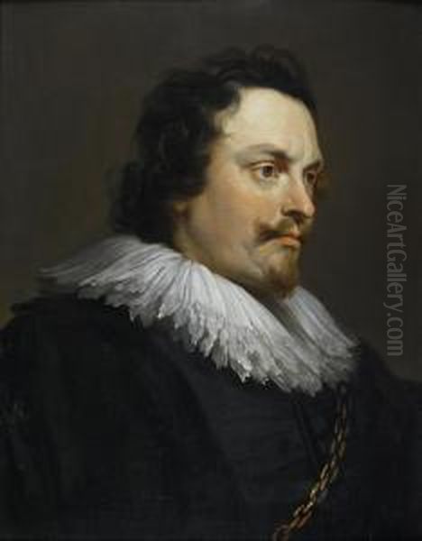 Portrait Of A Gentleman, Bust-length, In A Black Tunic And White Lace Collar Oil Painting by Pieter Thijs