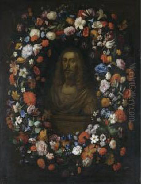 A Stone Bust Portrait Of Erzherzog Leopold Wilhelm Of Austria(1614-1662), Surrounded By A Garland Of Flowers, Including Tulips, Roses, Snowballs, Morning Glory And Lilies Oil Painting by Pieter Thijs