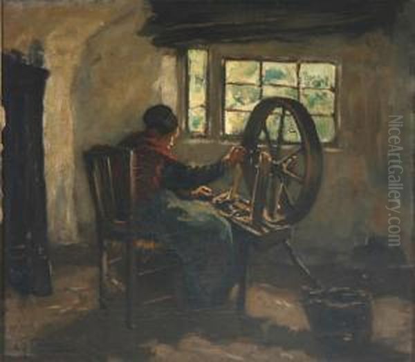 Interieur Mit Alter Frau An Einem Spinnrad Oil Painting by Carolus Johannes Thysen