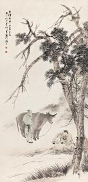 Two Scholars With Ox Oil Painting by Ni Tian