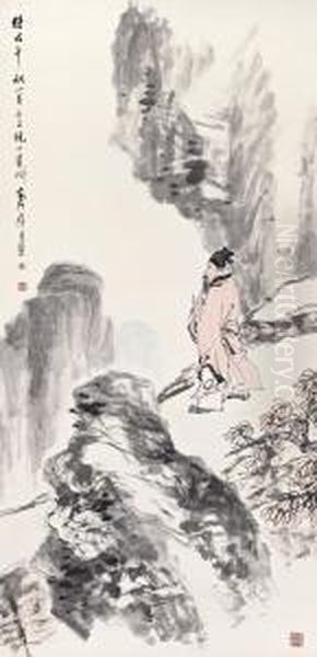 Scholar Strolling On The Mountain Oil Painting by Ni Tian