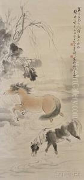 Depiction Of Two Horses Resting Anddrinking Water From A Stream Oil Painting by Ni Tian