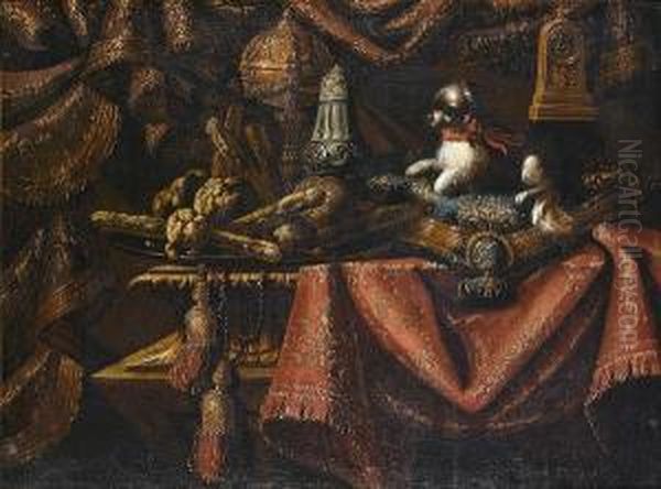 A Dog Resting On A Cushion With A Silver Gilt Ewer On A Draped Table-top Oil Painting by Antonio Tibaldi