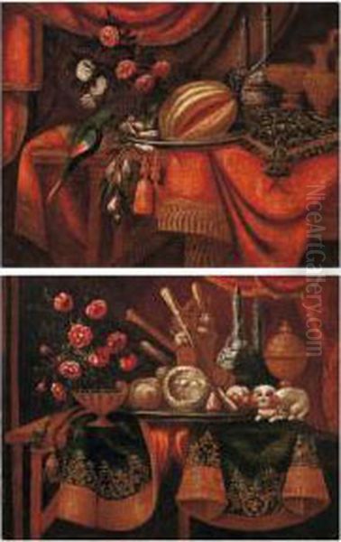 Tappeto, Vaso Di Fiori, Dolciumi, Cagnolino E Vasi Su Tavolo E Drappo Rosso Oil Painting by Antonio Tibaldi