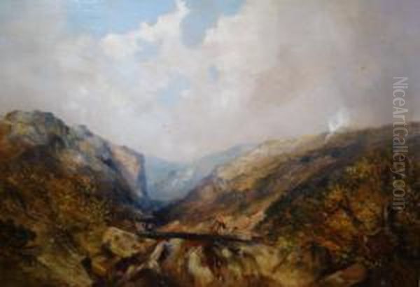 Mountainous River Landscape With A Figure Standing Fishing Above A Waterfall Oil Painting by William Tibbits