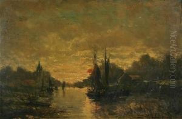 Dutch River Landscape With Fishermen In Yachts At Sunset Oil Painting by J. Tibois