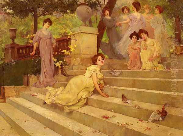 Girls on a Terrace Oil Painting by Albert Emile Artigue