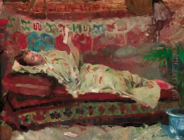 A reclining lady in a kimono Oil Painting by Albert Emile Artigue