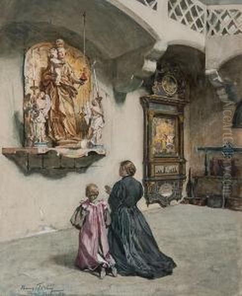 A Mother And Daughter Before A Marian Shrine Oil Painting by Hans Tichy