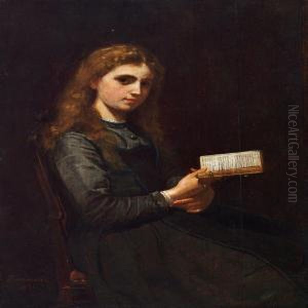 Interior With A Younggirl Holding A Book Oil Painting by Adolphe Tidemand