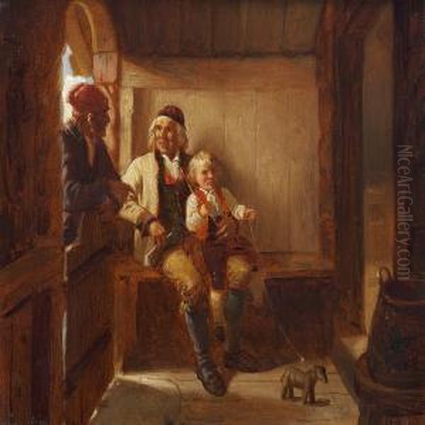 Interior With A Child On His Grandfather's Knee Oil Painting by Adolphe Tidemand